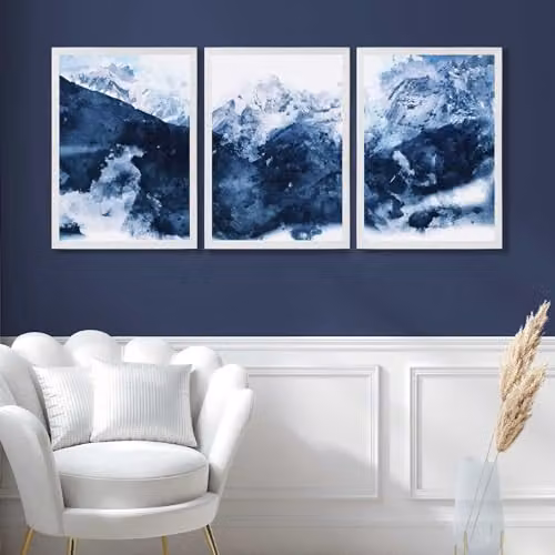 ARTZE Set of 3 Abstract Blue and White Mountain Landscape Paper Posters, W: 29.7 cm x H: 42 cm – 1