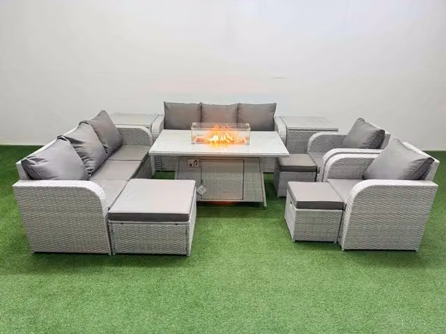 Fimous PE Rattan High Back Lounge Sofa Set with Firepit Dining Table, 3 Seater Sofa, Reclining Chair, 3 Stools and 2 Side Tables in Light Grey
