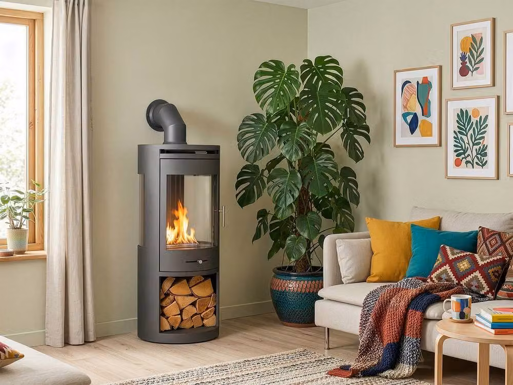 OKO S7 Bio Ethanol Panoramic Stove with Log Storage and Angled Metal Pipe in Dark Grey – 3