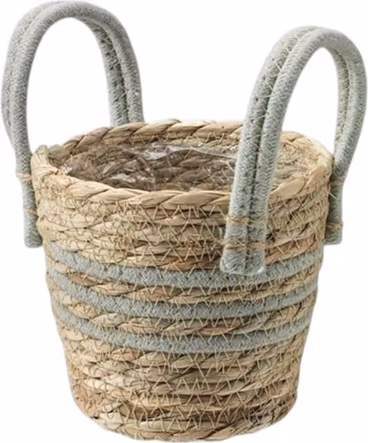 Kingsbury Gifts Woven Seagrass Planter Basket with Sage Green Stripes, Round Tabletop Design, Diameter: 13 cm