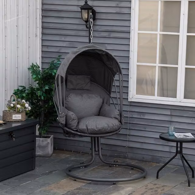 Outsunny Hanging Egg Chair with Stand in Grey Rattan and Metal