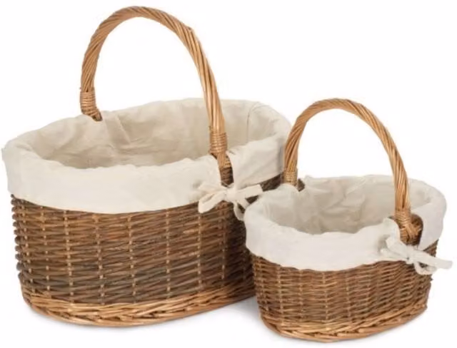 Red Hamper Set of 2 Brown Wicker Country Oval Shopping Baskets with White Lining