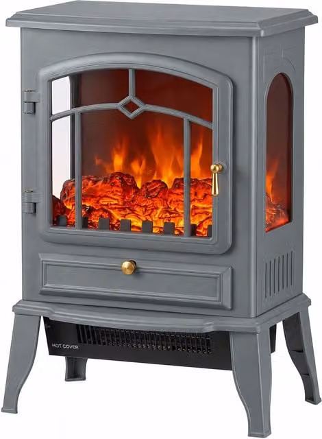 HOMCOM Electric Fireplace Stove, 1000/2000W 3-Sided Freestanding Fireplace Heater with 3D Flame Log and Thermostat, Grey