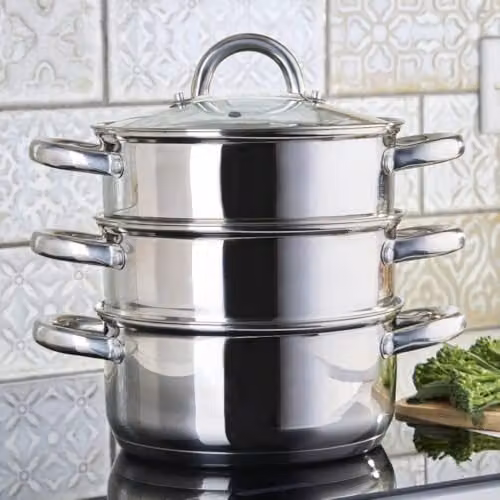 Cooks Professional 3 Tier Stainless Steel Steamer Pan in Silver with Glass Lid, Diameter: 22 cm – 2