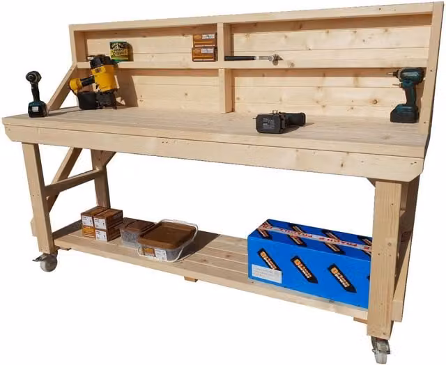 Arbor Garden Solutions Natural Wooden Workbench with Pegboard and Wheels