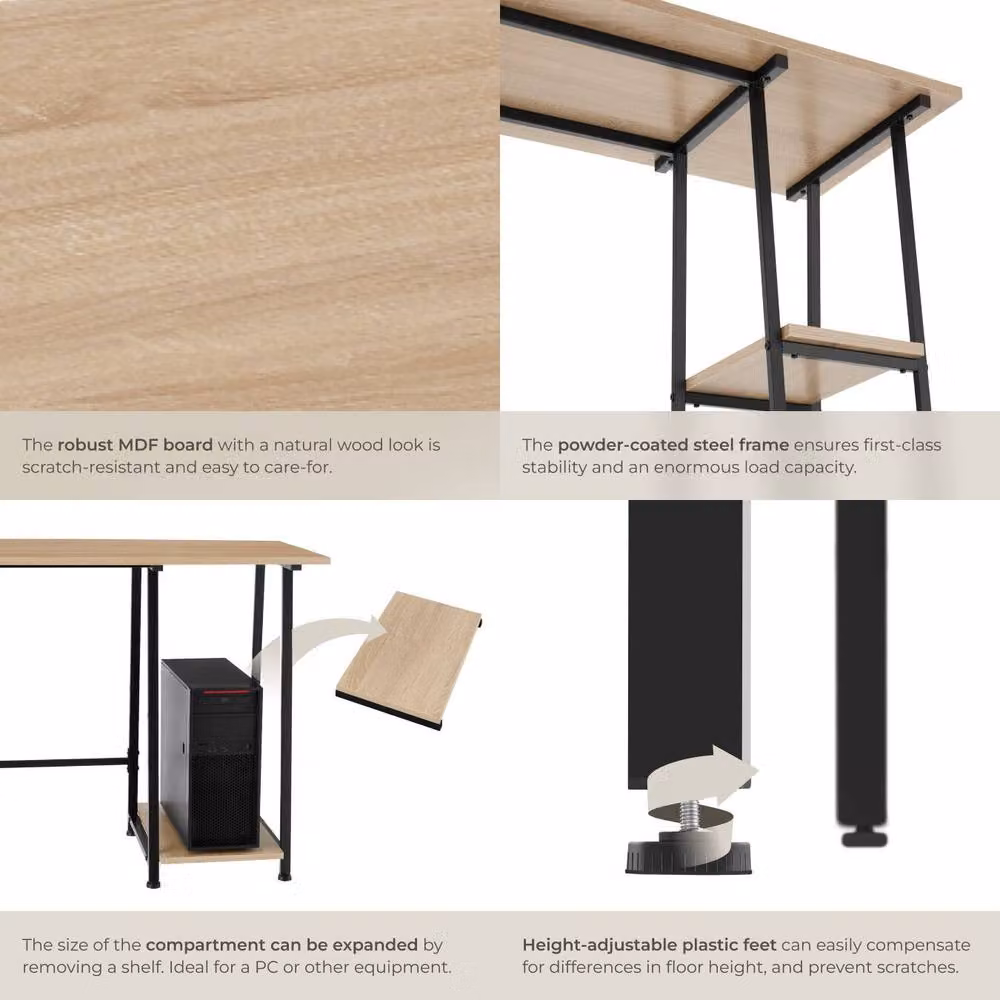 tectake Paisley Desk with Trapezoidal Frame and Shelf with 2 Storage Compartments in Light Oak – 3