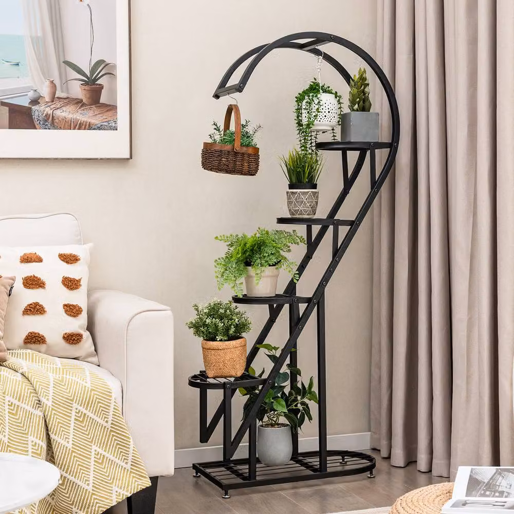 Costway 5 Tier Metal and MDF Heart-Shaped Ladder Plant Stand with Hanging Hook in Black – 3