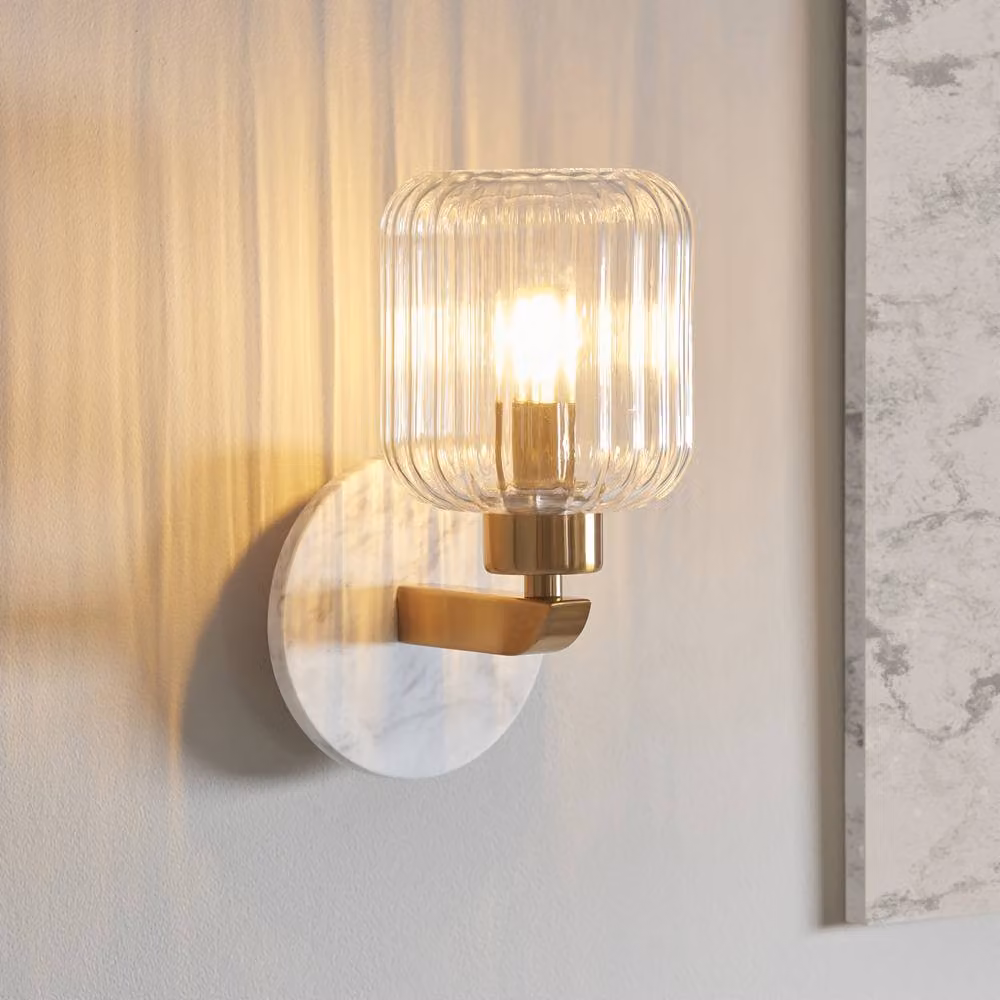 Netlighting Travi Vintage Ribbed Wall Lamp in White and Brass with Transparent Glass and E14 Socket – 2