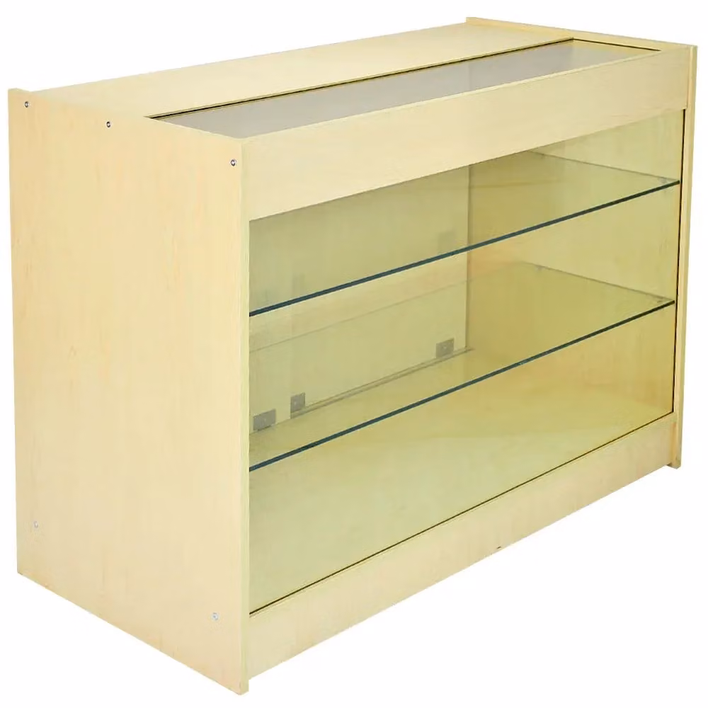 Monstershop Comet Corner Display Counter Set in Maple Beige with Glass Doors, W/D/H: 120 x 60 x 90 cm