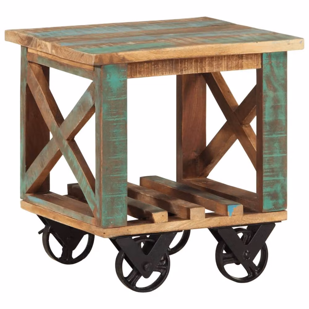Berkfield Home Industrial Side Table with Castors in Brown and Multicolour, Solid Reclaimed Wood, W/D/H: 40 x 40 x 42 cm – 2