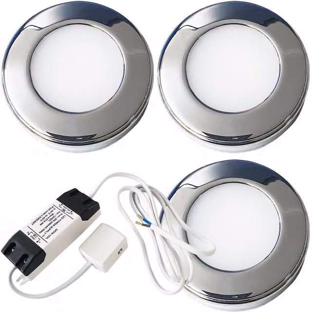 Loops 3 Pack Chrome Round LED Under Cabinet Kitchen Lights with Driver Kit in Warm White – 2
