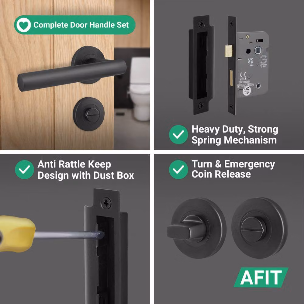 AFIT Matt Black T-Bar Lever Rose Bathroom Lock Door Handle Kit in Stainless Steel, W/D/H: 15 x 15 x 1.5 cm – 4