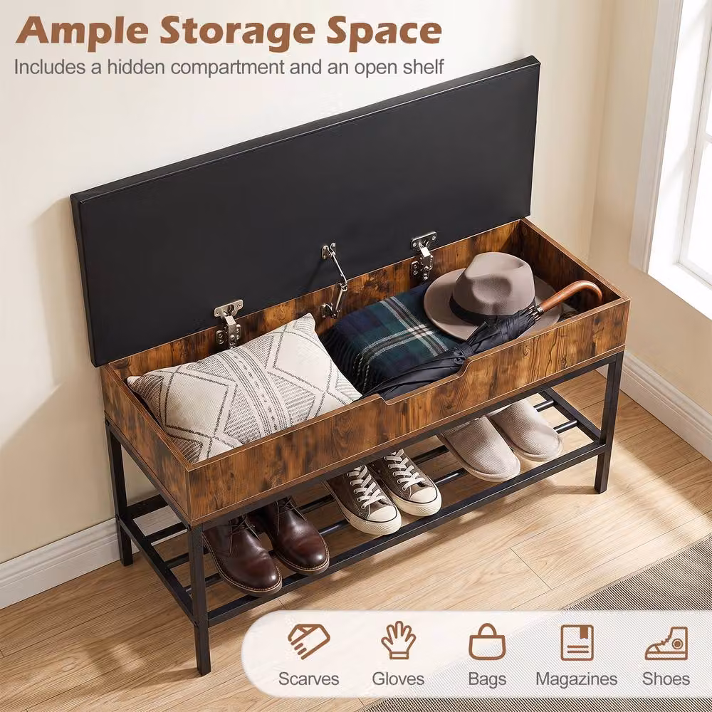 Gymax Brown Faux Leather Shoe Storage Bench with Lift Top and Shelf, Width: 100 cm – 7