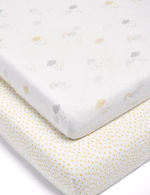 Mamas & Papas Dream Upon a Cloud Cotbed Fitted Sheets, 2 Pack, Multi-Colour and White Cotton