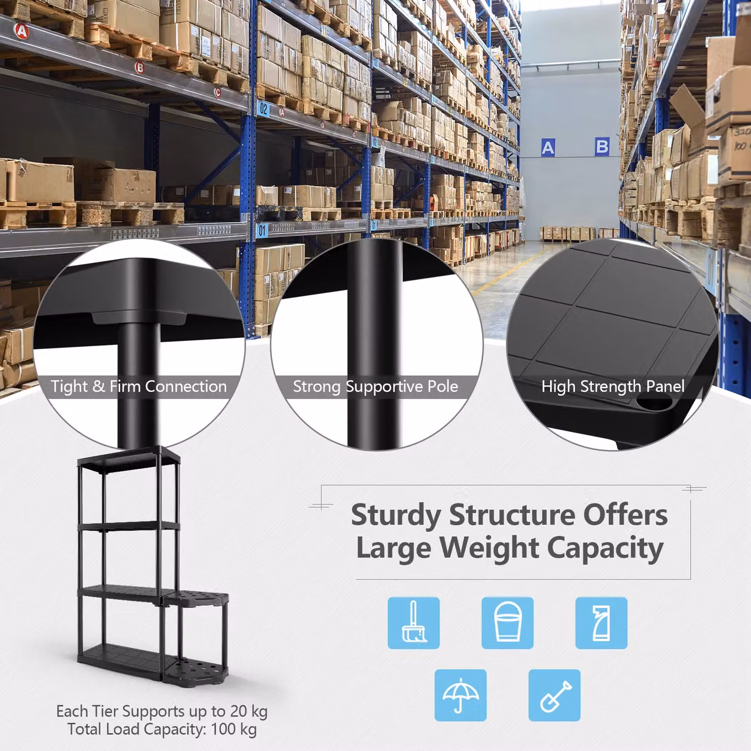 Gymax 4-Tier Black Garage Shelving Unit and Freestanding Tool Rack with 11-Hole Sided Holder – 5