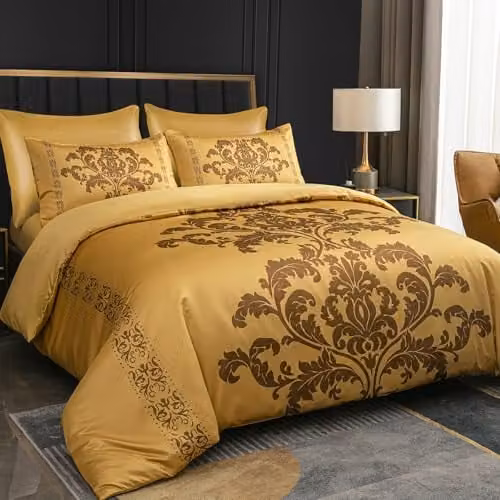 Lazzaro Gold Satin Silk King Size Duvet Cover Set with Reversible Damask Design and Zipper Closure, Pillowcases Included, W/D/H: 220 x 220 x 230 cm