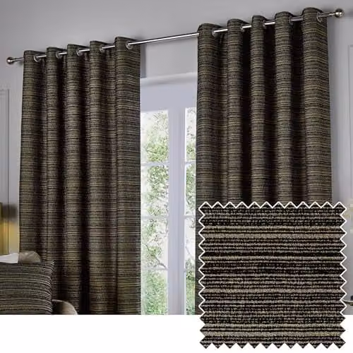 Paoletti Jupiter Blackout Eyelet Curtains, Black and Gold Striped Chenille Jacquard, W/H: 117 x 137 cm – 1
