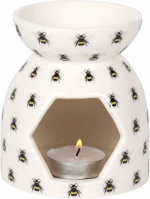 Speaks White Ceramic All Over Bee Print Round Tabletop Tealight Oil Burner