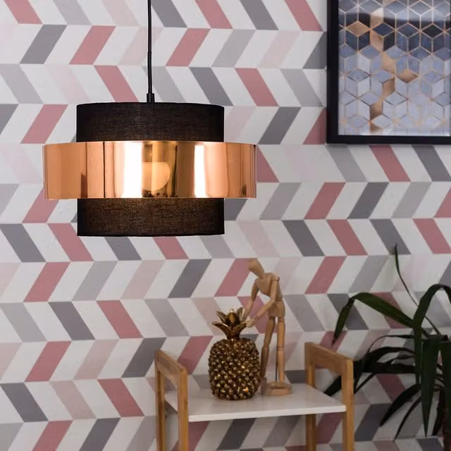 MiniSun Modern Cylinder Ceiling Pendant Light Shade in Black and Copper Fabric, Shade Width: 34 cm – 4