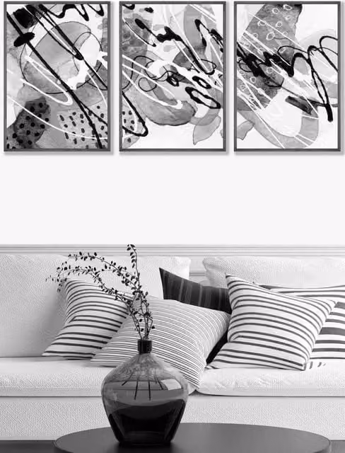 ARTZE Set of 3 Modern Abstract Watercolour Wall Art in Black, Grey and White, W: 45 cm, H: 62 cm, D: 2 cm