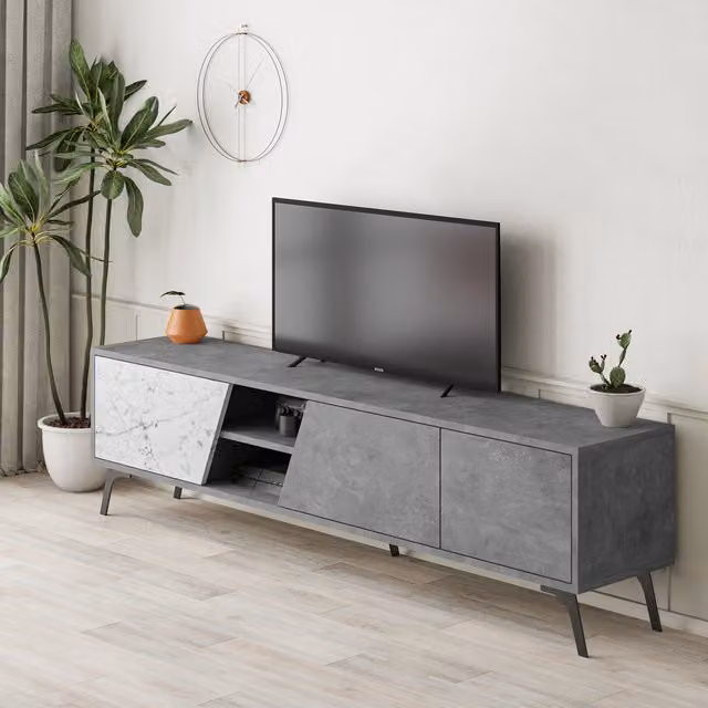 Decortie Modern TV Stand with Storage in Grey and White Marble Effect
