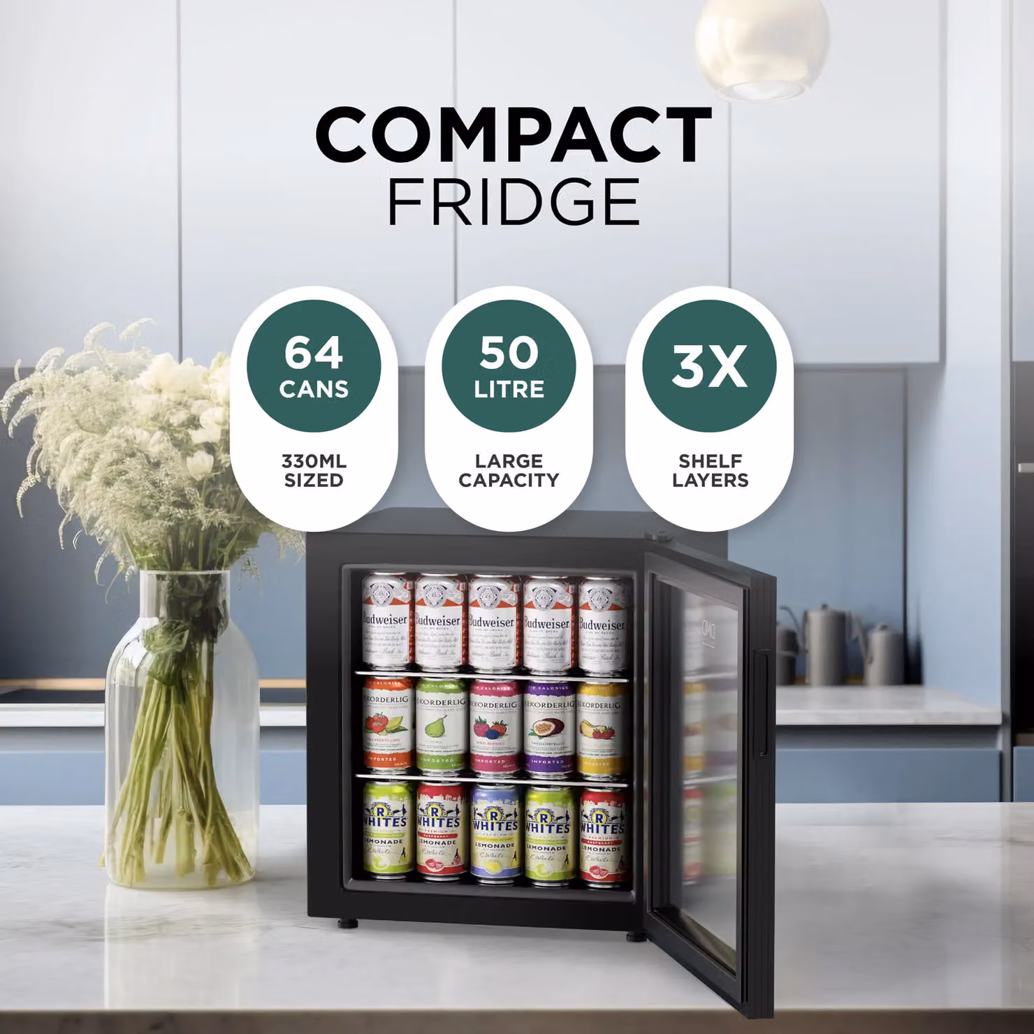 DMD Collective 50L Black Glass Countertop Mini Fridge with LED Interior Light and Lockable Door – 3