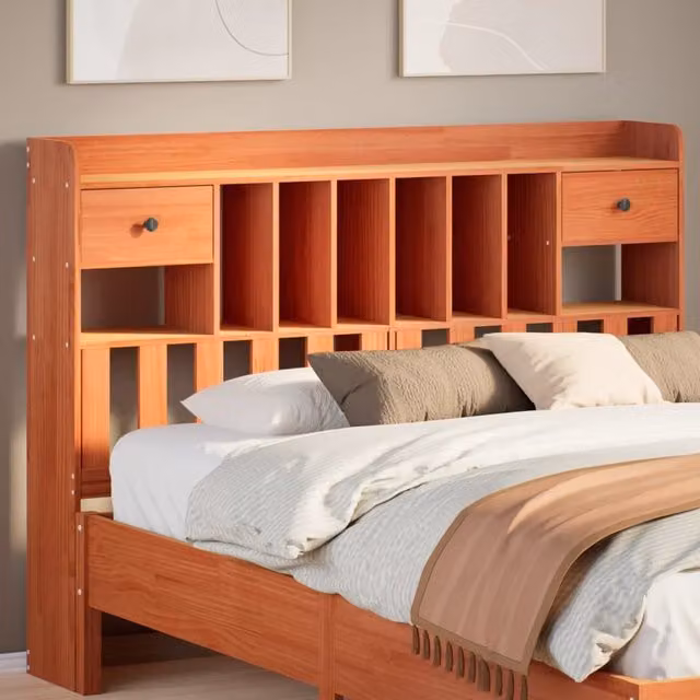 Berkfield Home Rustic Solid Pine Headboard with Integrated Nightstands and Storage in Wax Brown, 160 cm – 1