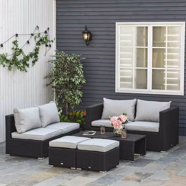 Outsunny 8 Piece Modern PE Rattan and Metal Sofa Set in Black