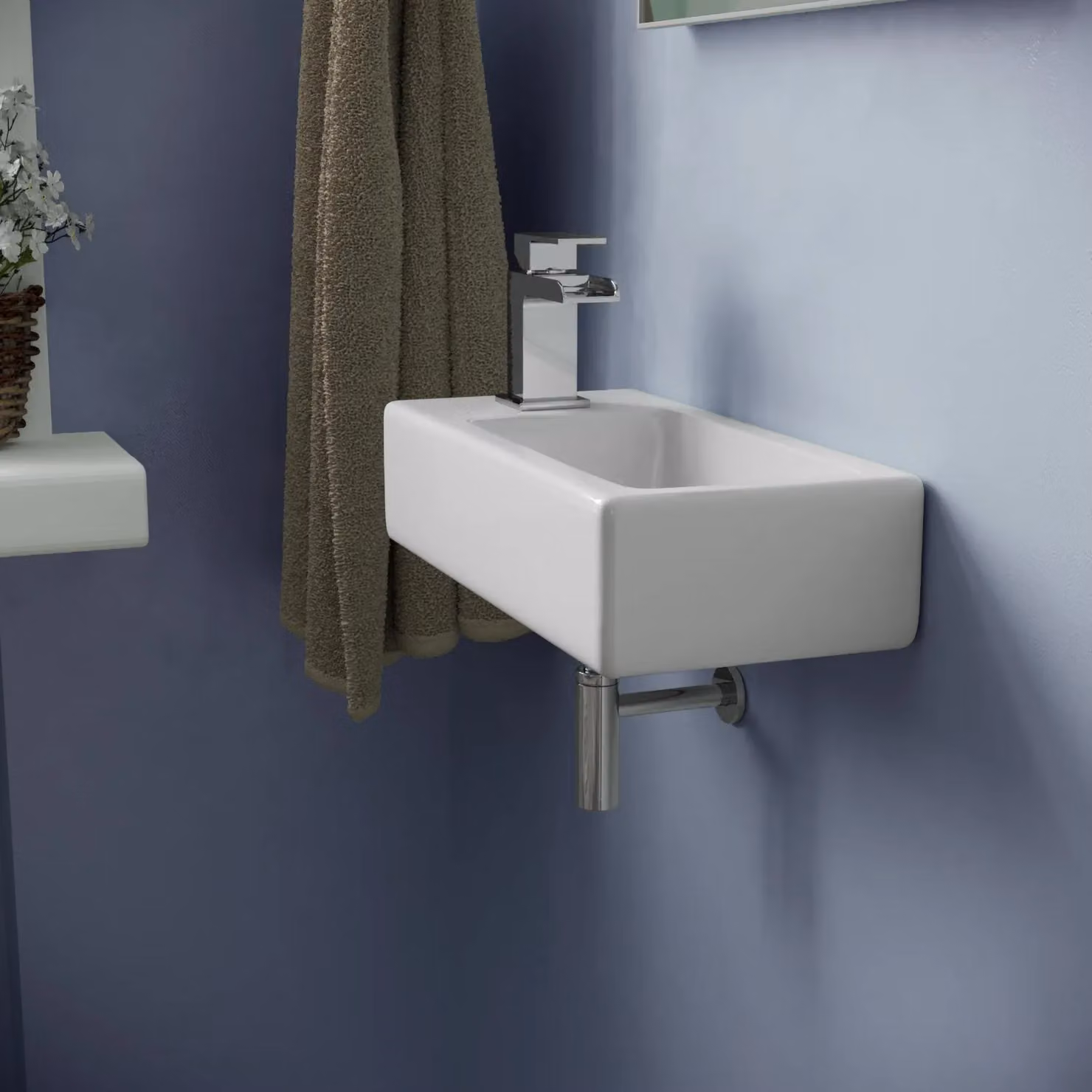 Nes Home White Ceramic Rectangular Wall Hung Small Cloakroom Basin and Fittings W: 37.5 cm, D: 18.5 cm – 2