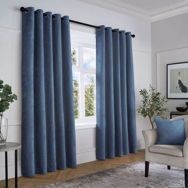 Terrys Navy Blue Textured Chenille Blackout Eyelet Curtains with Thermal Insulation