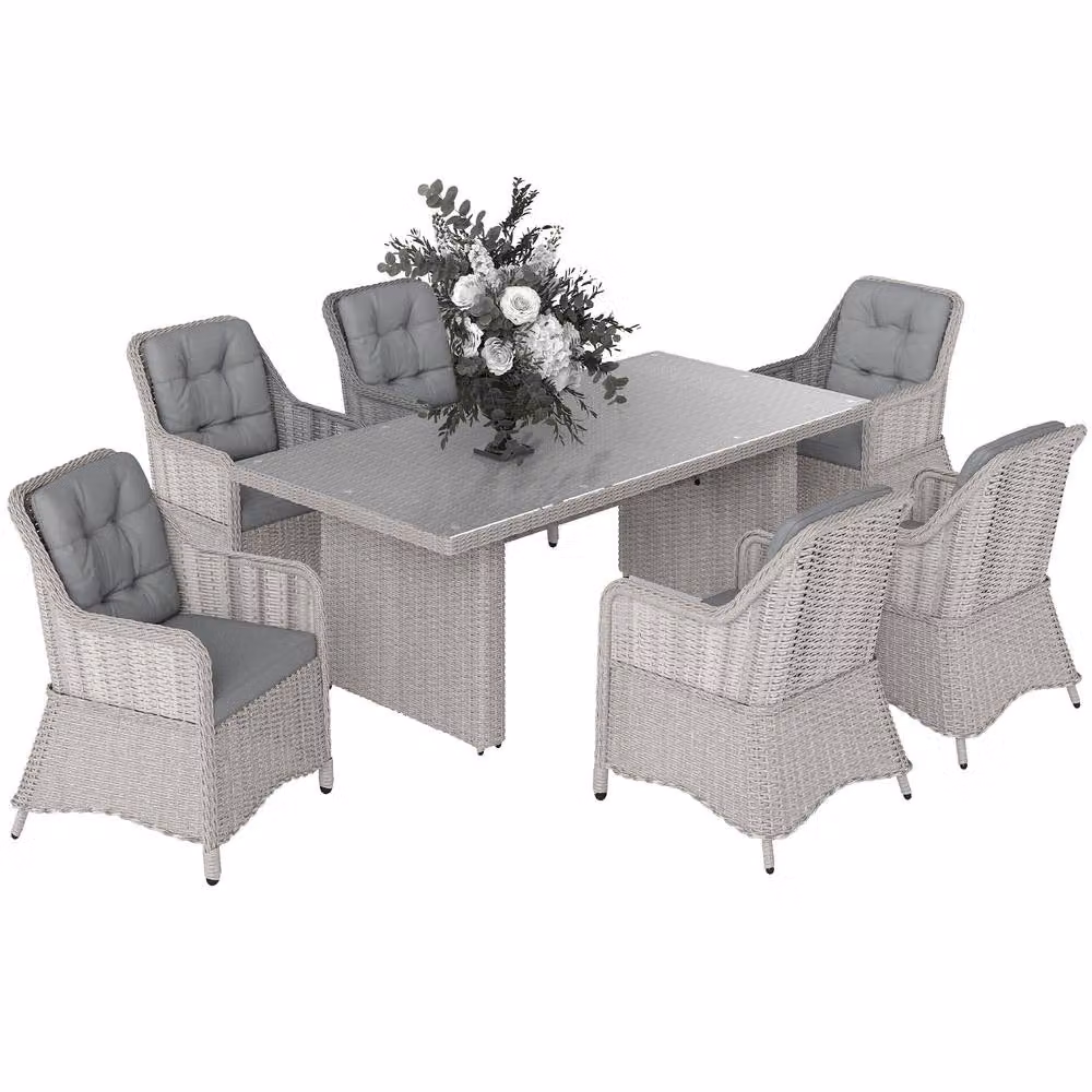 Outsunny 7 Piece Grey PE Rattan Wicker Dining Table Set with Tempered Glass and Powder Coated Aluminium Frame – 3