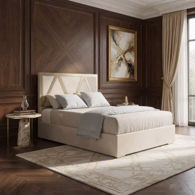 KDMD Exbourne Upholstered Velvet Designer Bed Frame in Beige with Metal Details, Size: Double (140 x 200 cm)