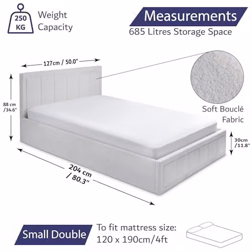 Home Treats Small Double Ottoman Bed with Pocket Sprung Mattress in White Plush Bouclé Fabric, W/D/H: 120 x 190 x 39 cm – 2