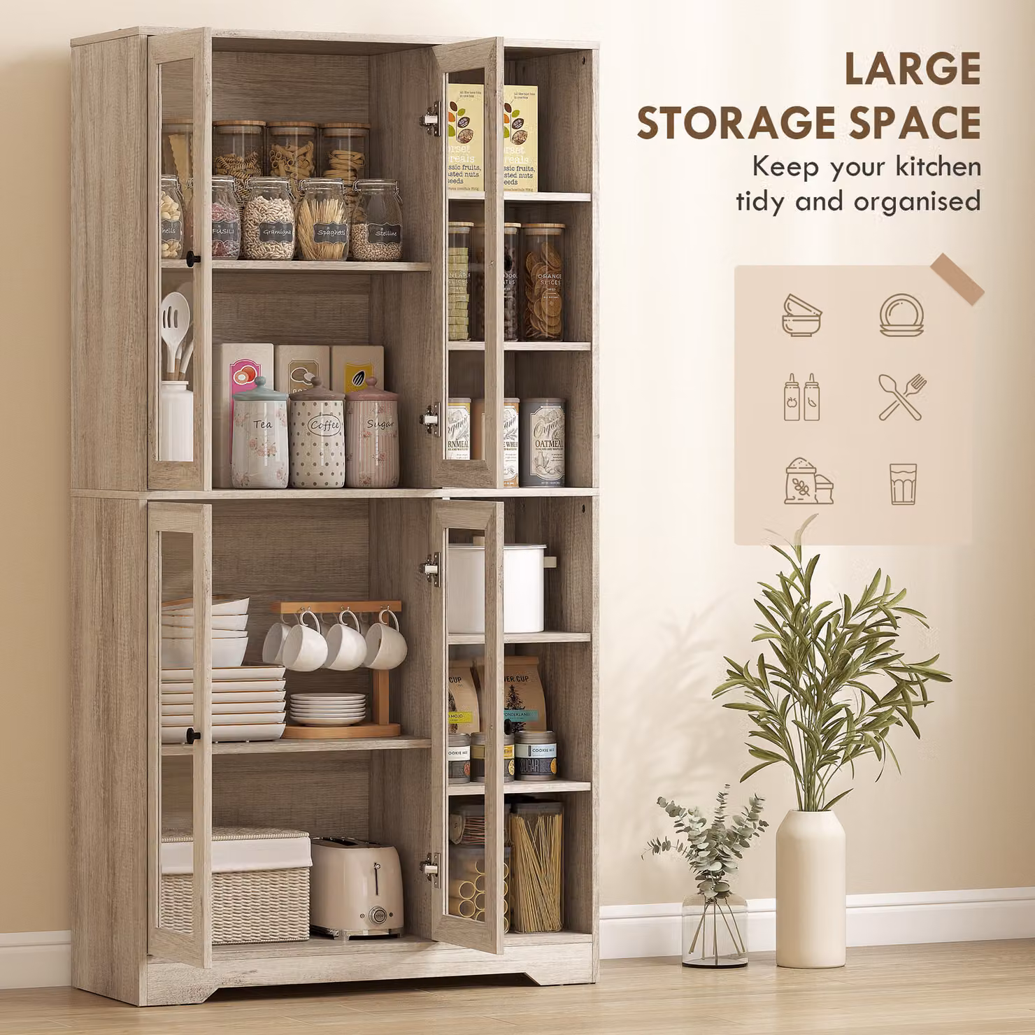 HOMCOM Grey Wood-Effect Multi-Storage Kitchen Tall Cabinet with Glass Doors and Soft-Close Doors – 4