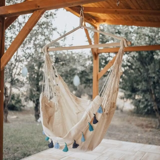 Wyld Haus Boho Hanging Hammock Chair with Cushioned Seat in Beige, Blue, Orange and White – 1