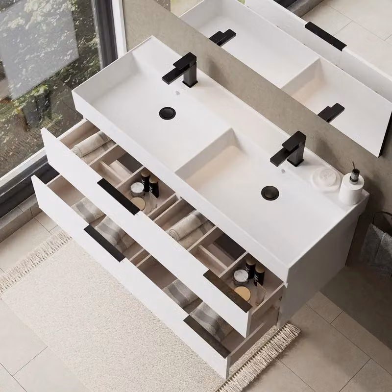 Banyetti Celtic Wall Hung Bathroom Vanity Unit with Veneto 2 Tap Hole Basin, Gloss White, W: 120 cm, D: 45 cm, H: 48 cm – 3