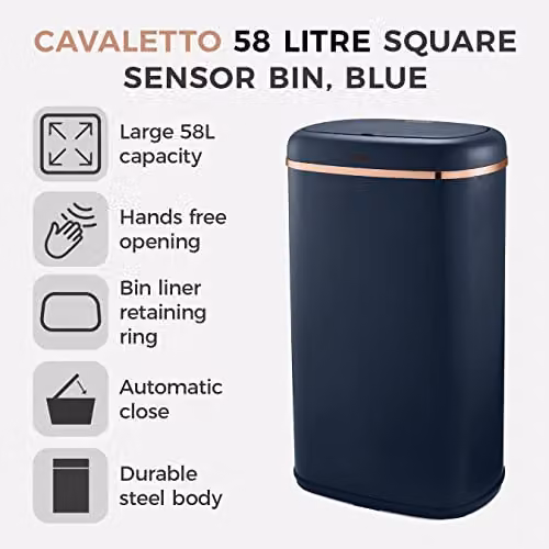 Tower T838010MNB Cavaletto Square Sensor Bin, 58L, Midnight Blue and Rose Gold, H: 64.5 cm, W: 38.5 cm, D: 28.0 cm – 2