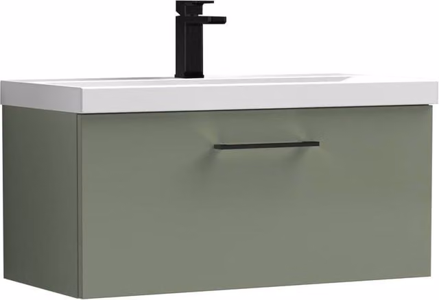 Balterley 800mm Wall Hung 1 Drawer Vanity Basin Unit in Satin Green with Black Handle