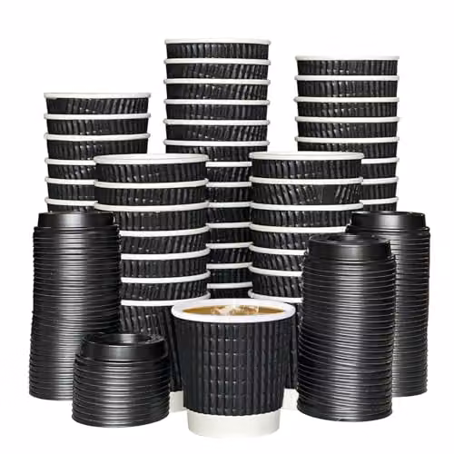 ECONX 100 Black Triple Layer Ripple Paper Coffee Cups with Lids, 4oz – 9