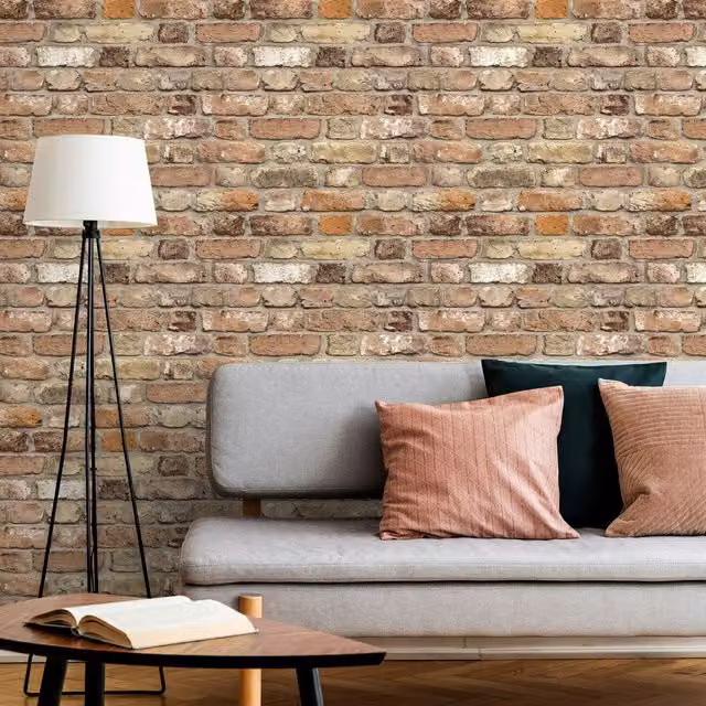 Grandeco Industrial Rustic Brick Textured Wallpaper in Pink, Red and Multicolour