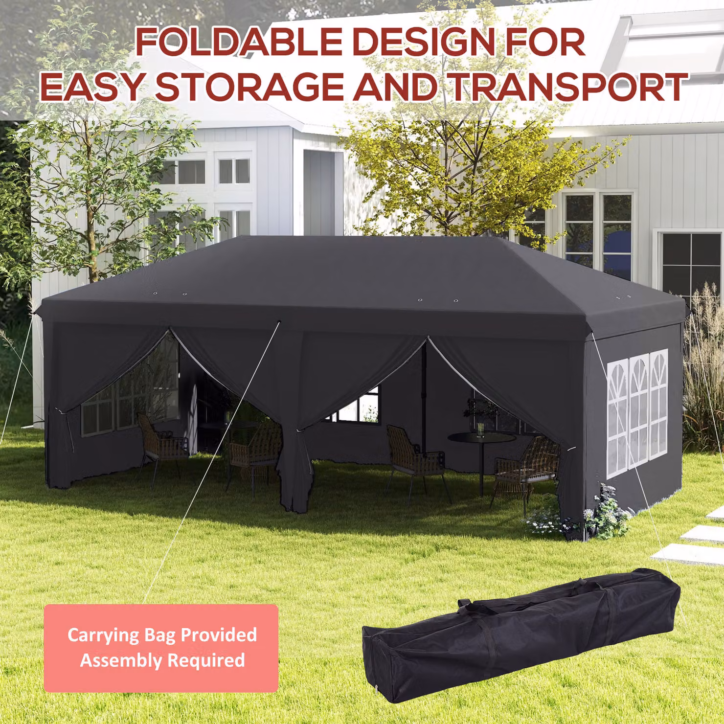 Outsunny Grey Metal Frame Pop Up Gazebo Canopy Tent with Sidewalls and Windows, W: 6 m, D: 3 m, H: 2.6 m – 5