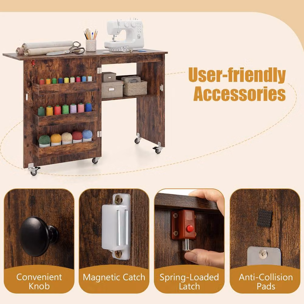 Costway Folding Sewing Table and Mobile Sewing Machine Desk with Castors, Brown – 7