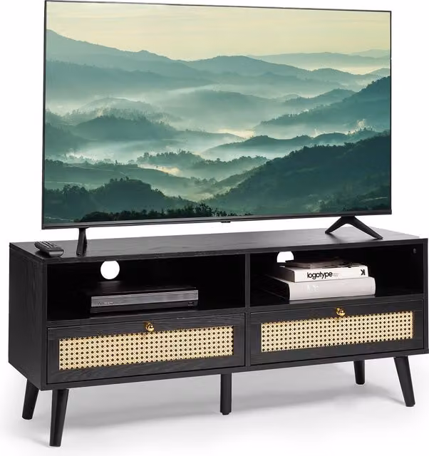 VonHaus Art Deco TV Unit with 2 Drawers and Open Shelves in Black and Gold with Rattan and Wood Details