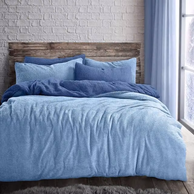 VELOSSO Reversible Blue Teddy Soft Thermal Fleece Duvet Cover and Pillowcase Set, W/D/H: 180 x 200 cm