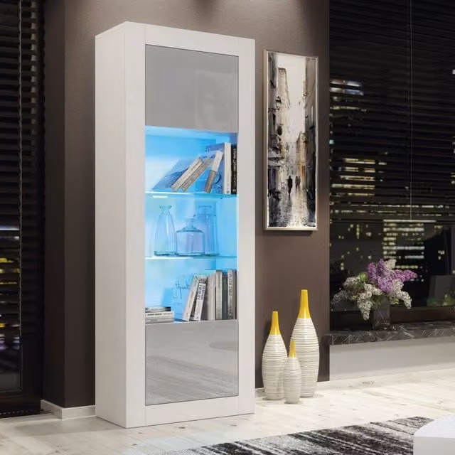 Mex Furniture LTD Modern Glossy Display Cabinet with LED Lighting and Glass Doors in Light Grey, Height: 170 cm