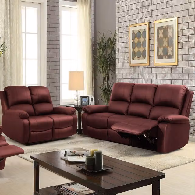 Comfy Living Red PU Leather Reclining Sofa Set with 3 Seater and 2 Seater Sofas