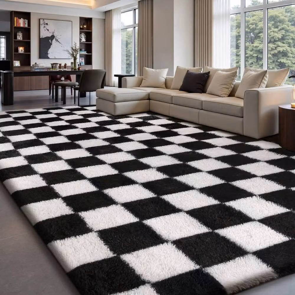 SPETLEK Black and White Checkerboard Fluffy Shaggy Rug for your Living Room – 1