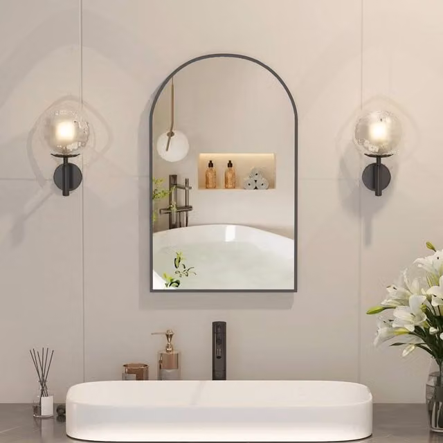 KEEPREAPER Modern Arch Bathroom Mirror Cabinet with Black Metal Frame and Glass Doors, W: 42 cm, H: 68 cm