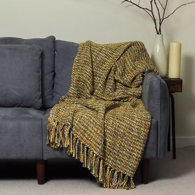 Paoletti Baoli Checked Woven Throw with Fringes in Yellow Honey