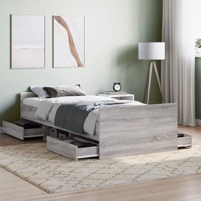 Berkfield Home Bed Frame with Headboard and Footboard in Grey Sonoma with Drawers, W/D/H: 90 x 200 cm – 1